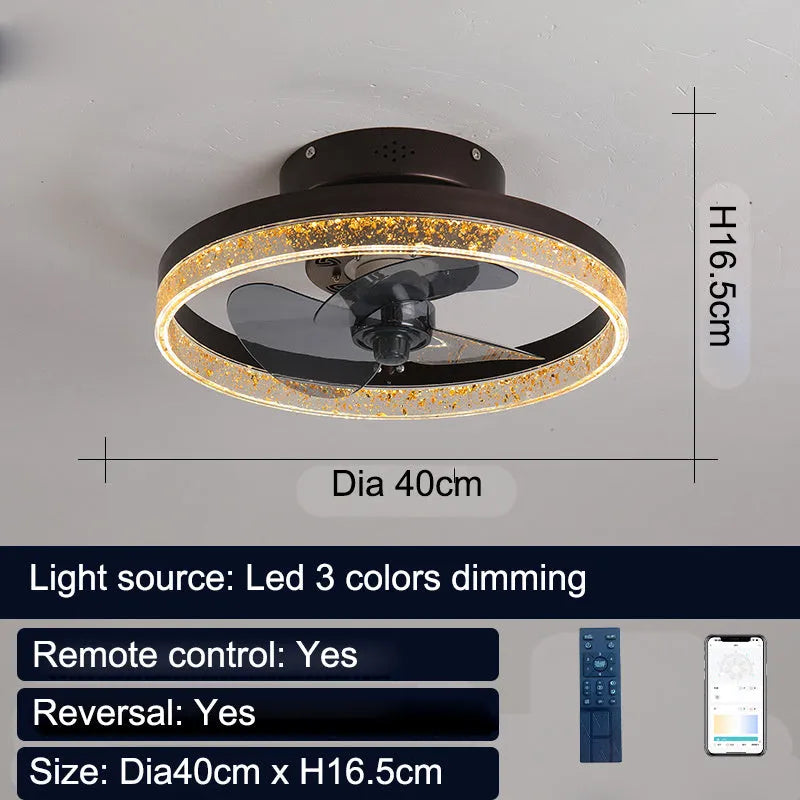 Nordic style ceiling fan lamp with remote control in coffee gold colour, 50cm diameter with LED lights