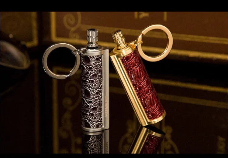 Waterproof metal sticker windproof lighter with red leather cover showing metal body and sticker design