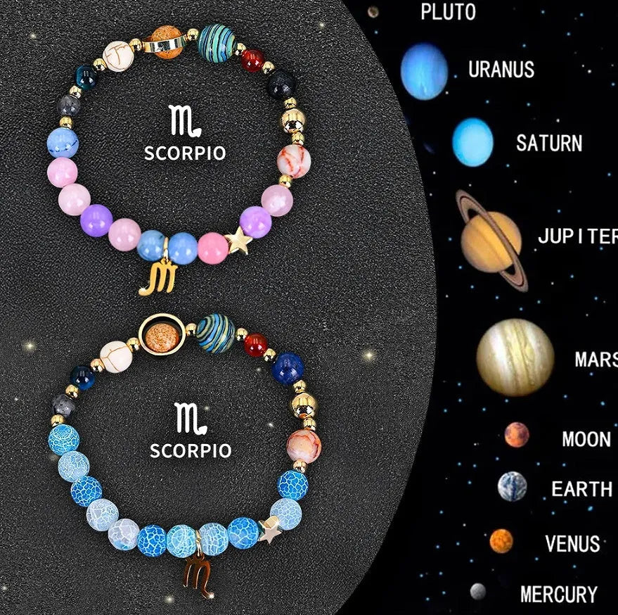 Set of two natural stone beaded bracelets with zodiac sign charms on an adjustable band