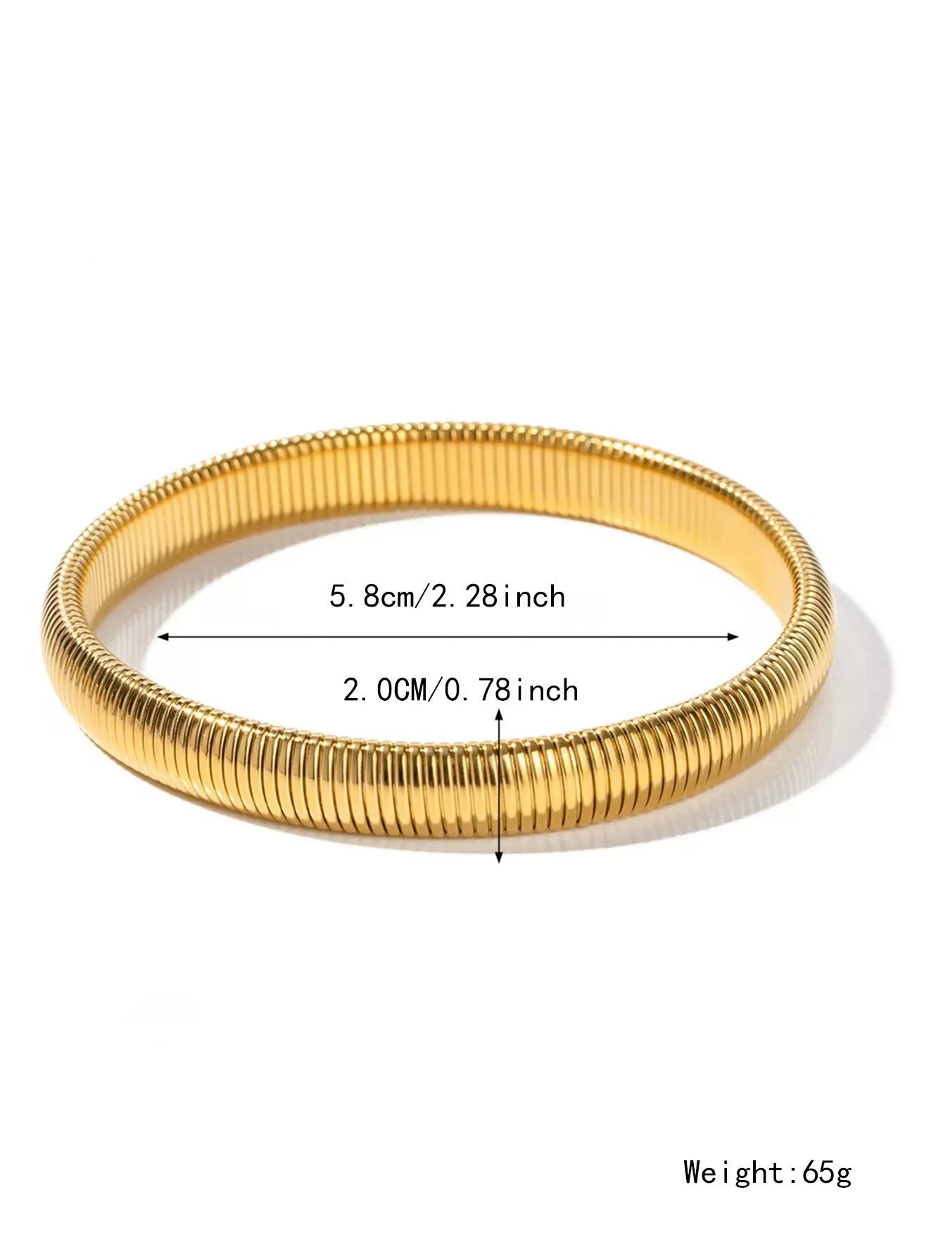 Gold titanium steel bracelet with elastic vertical stripe ring design, shown at 2cm width.