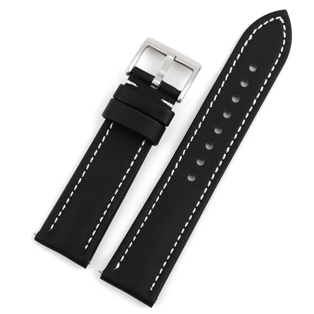 Oxford water-repellent cloth leather watch strap in beige with stitch detail on white background