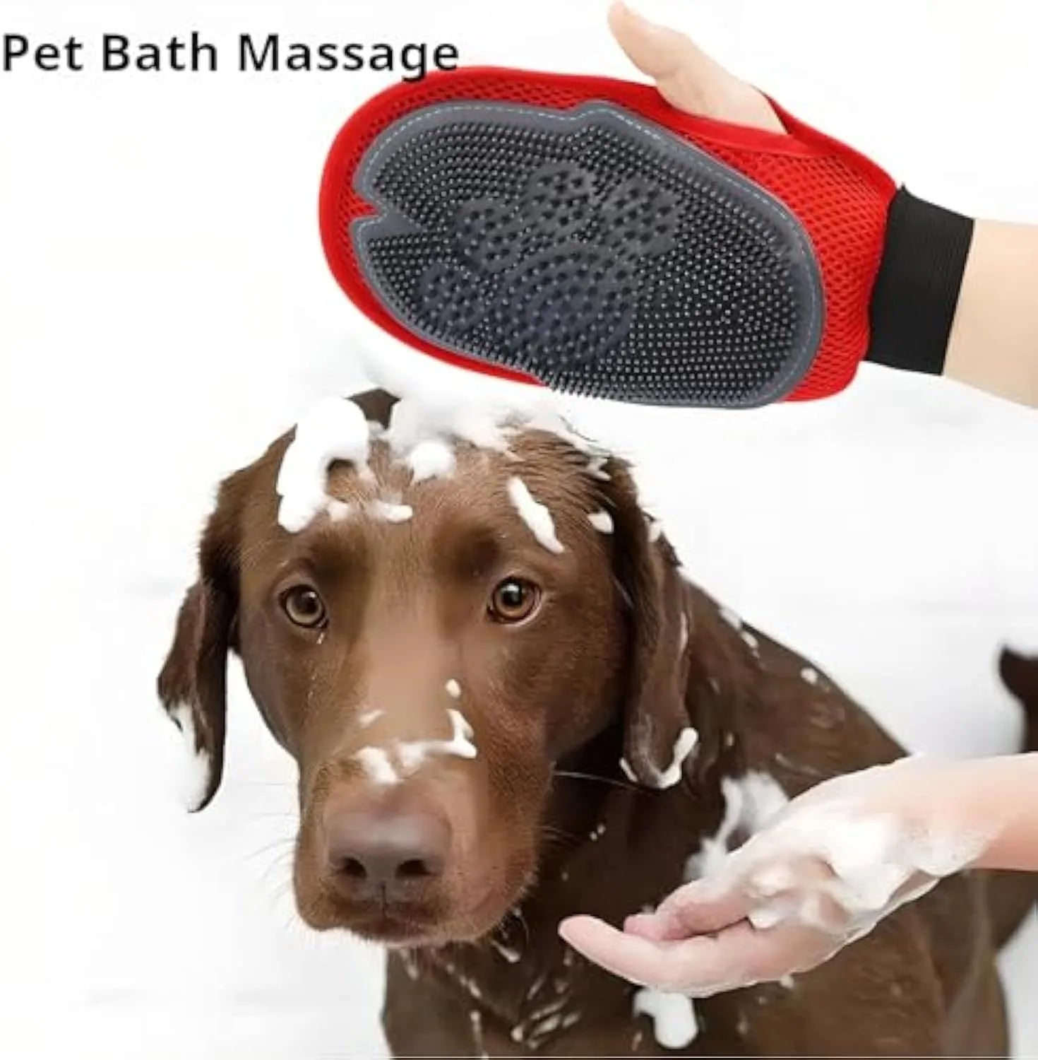 Red pet bathing glove with integrated brush for hair removal during pet washing