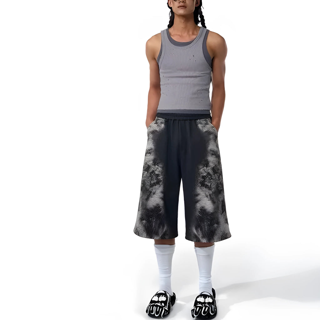 Street trendy printed loose pants and hoodie three-piece set showing collage stitching details