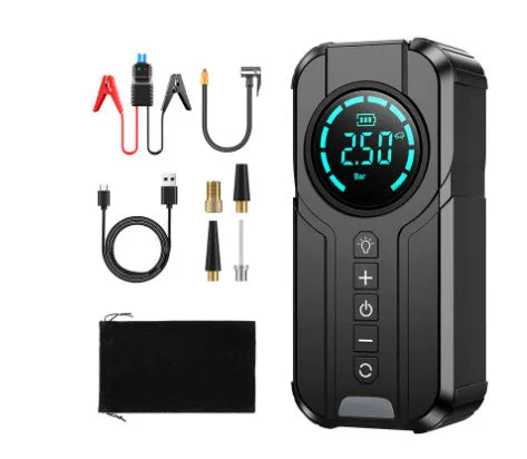 Black wireless portable car tyre air pump with 12V cable and nozzles on a grey background.