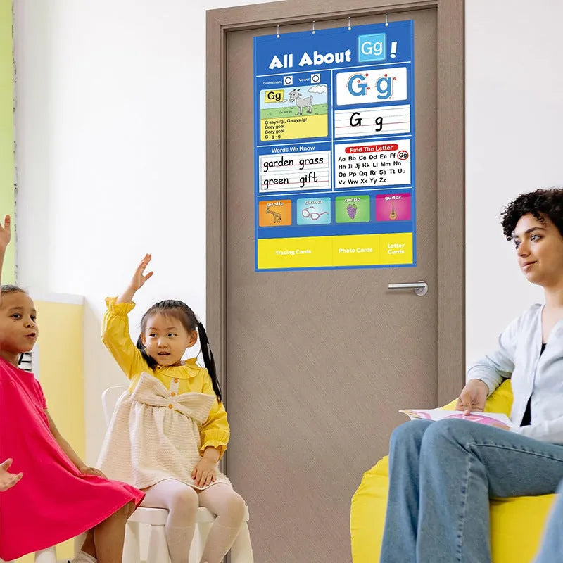 Alphabet learning table chart measuring 60x40cm with word, letter, picture and song cards for toddlers.