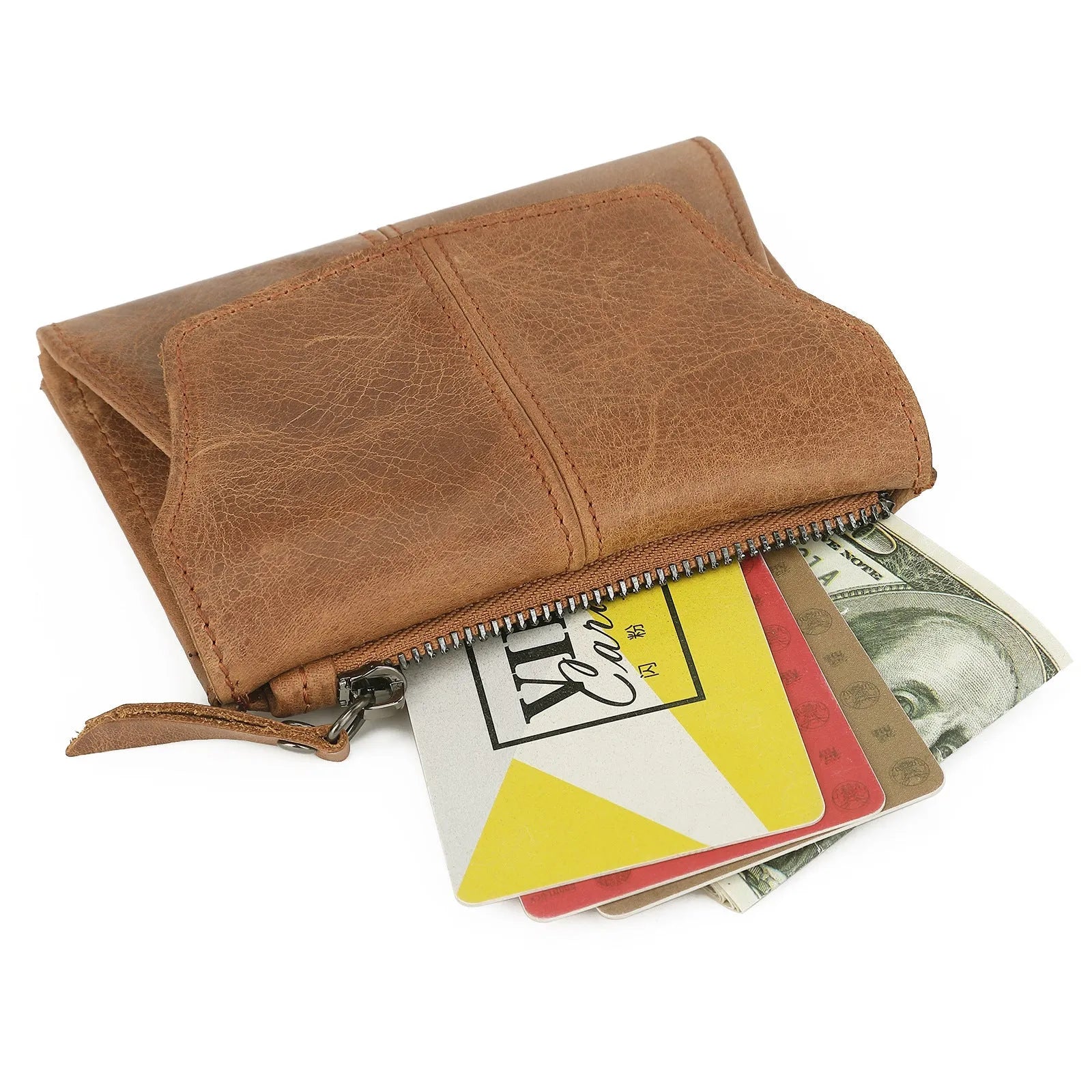 Brown genuine cowhide leather coin purse with visible stitching and a metal lock closure.