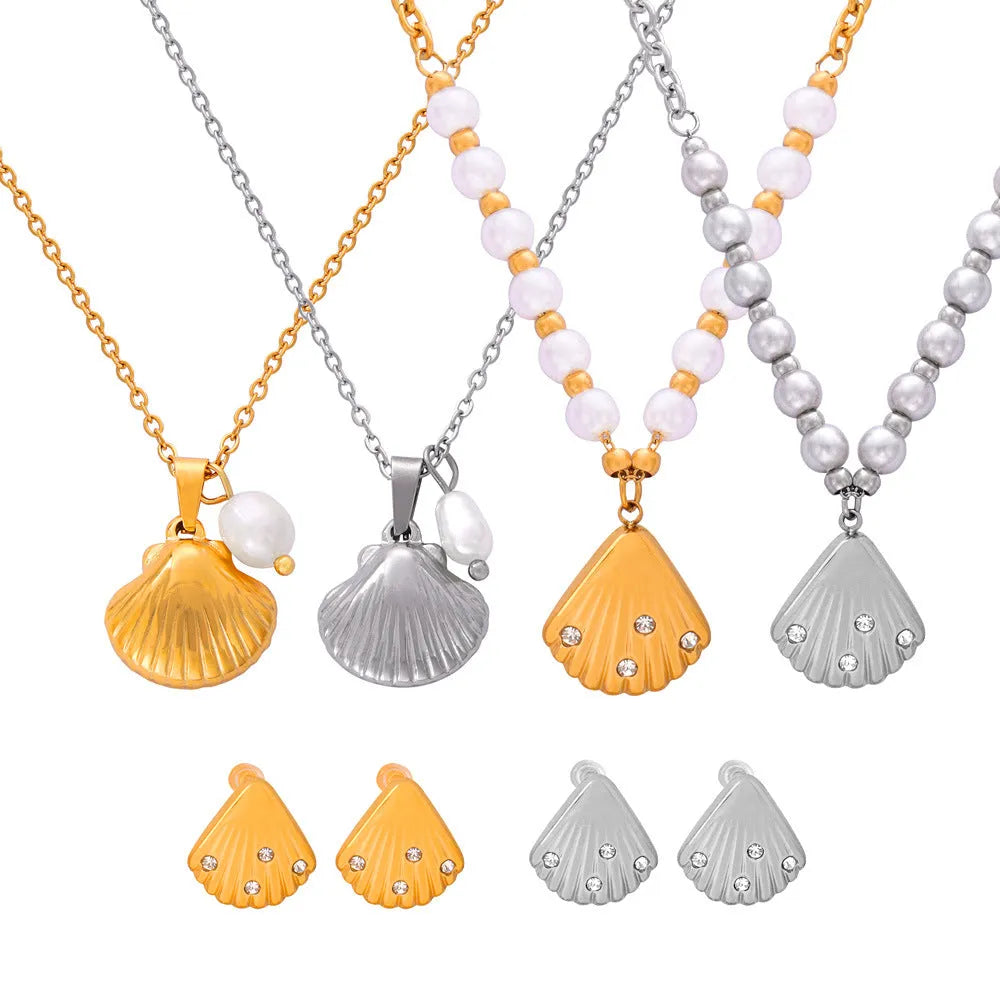 French vintage shell pendant necklace with freshwater pearl beads on titanium steel chain