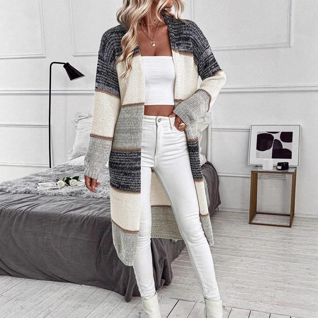 Grey striped women's knitted long cardigan with loose fit and long sleeves
