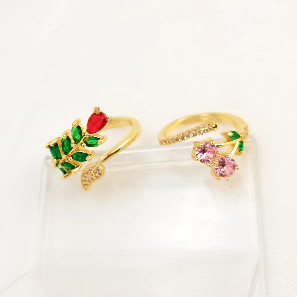 Copper gold plated geometric leaf open ring for women with zircon accents and split ring design