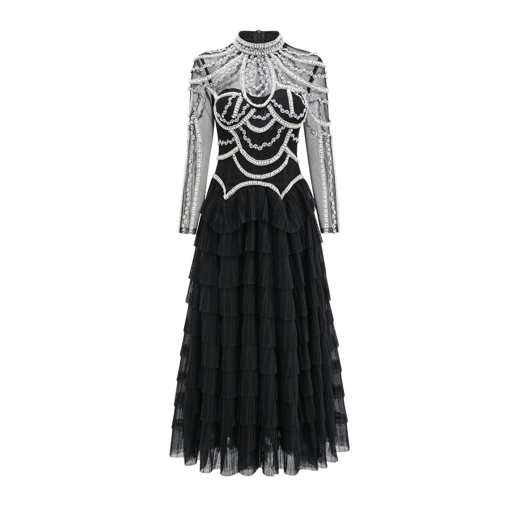 Women's long sleeve beaded dress in polyester fabric with three-dimensional decoration