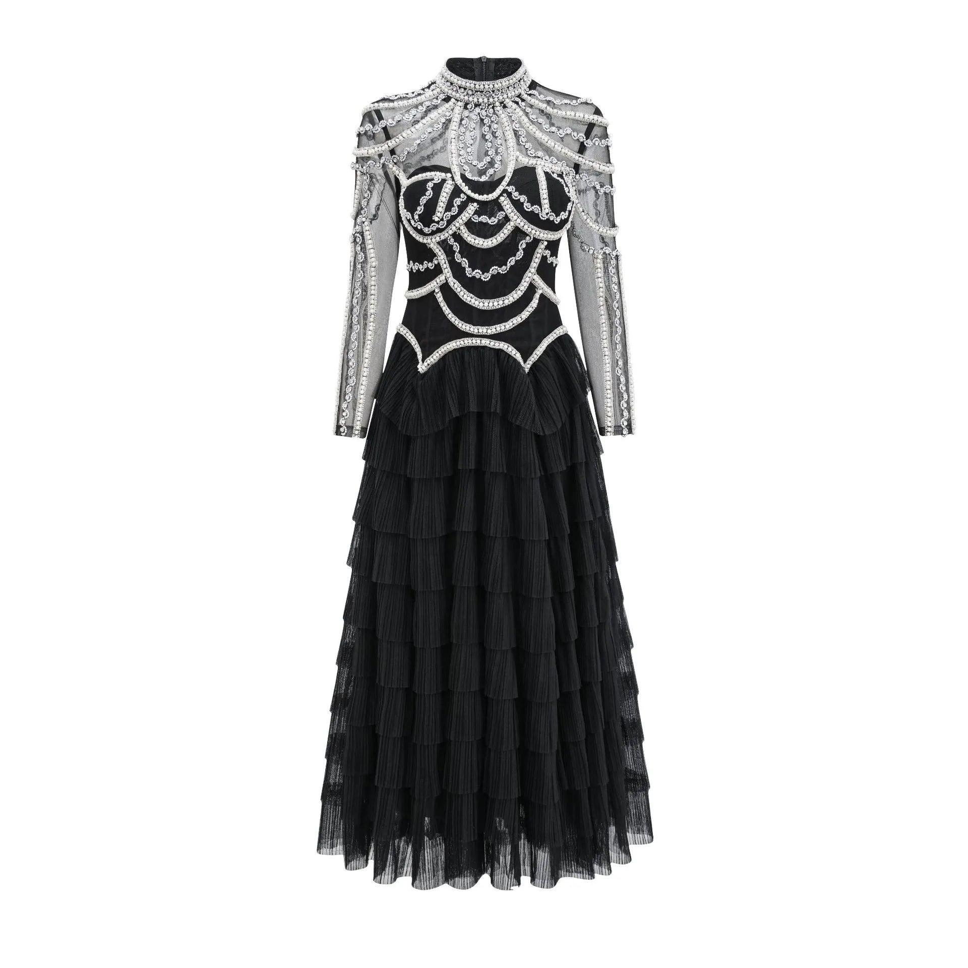 Women's long sleeve beaded dress in polyester fabric with three-dimensional decoration