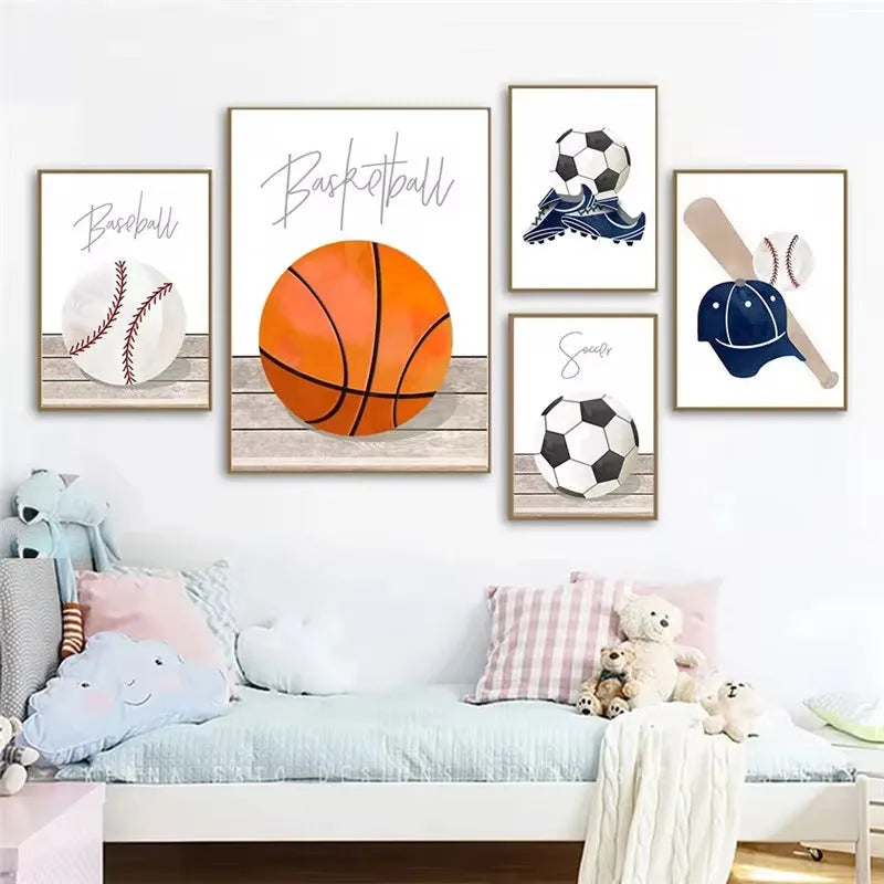 Cartoon ball sports canvas poster with football basketball baseball for children bedroom wall decor