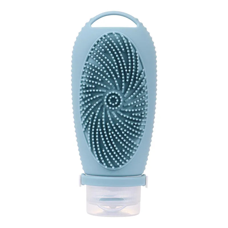 Silicone bath brush storage bottle in a selection of colours including pink, orange, and light grey.