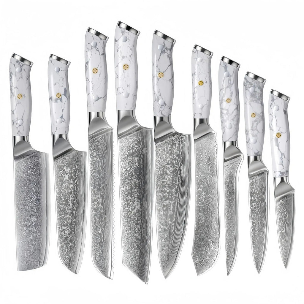 Damascus pattern chef's knife with VG10 steel blade and modern handle on a kitchen counter.