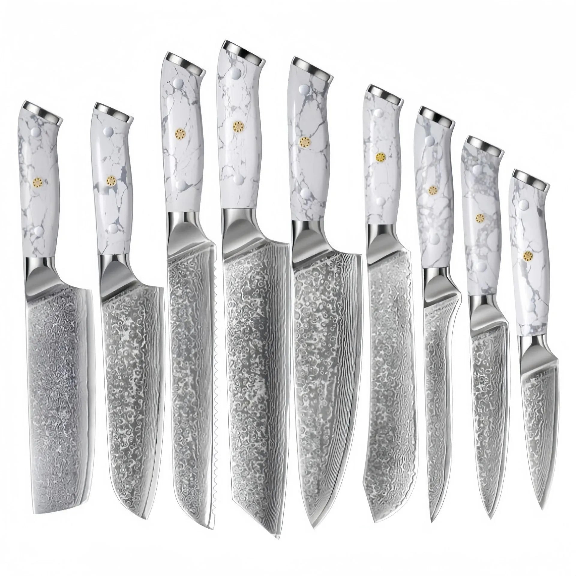 Damascus pattern chef's knife with VG10 steel blade and modern handle on a kitchen counter.