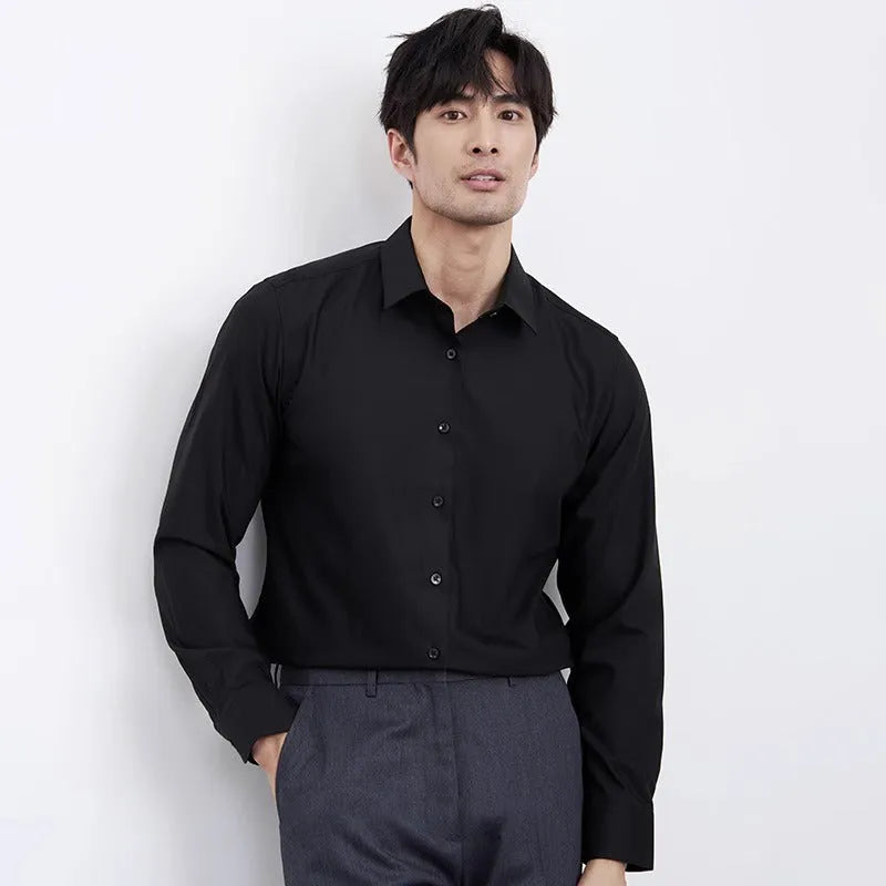 Wine red men's slim fit business casual shirt with long sleeves and non-iron polyester fabric