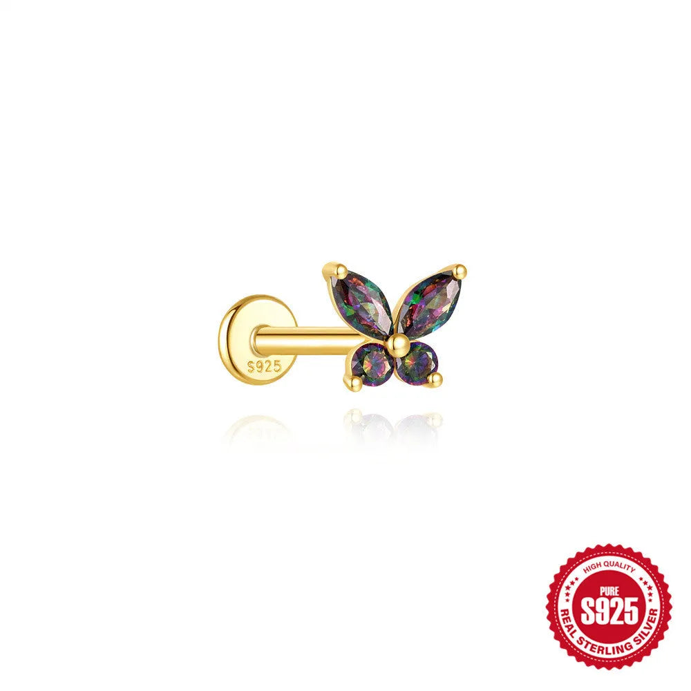 S925 sterling silver threaded ear piercing with super shiny flat head and rainbow stone in a gold colour.