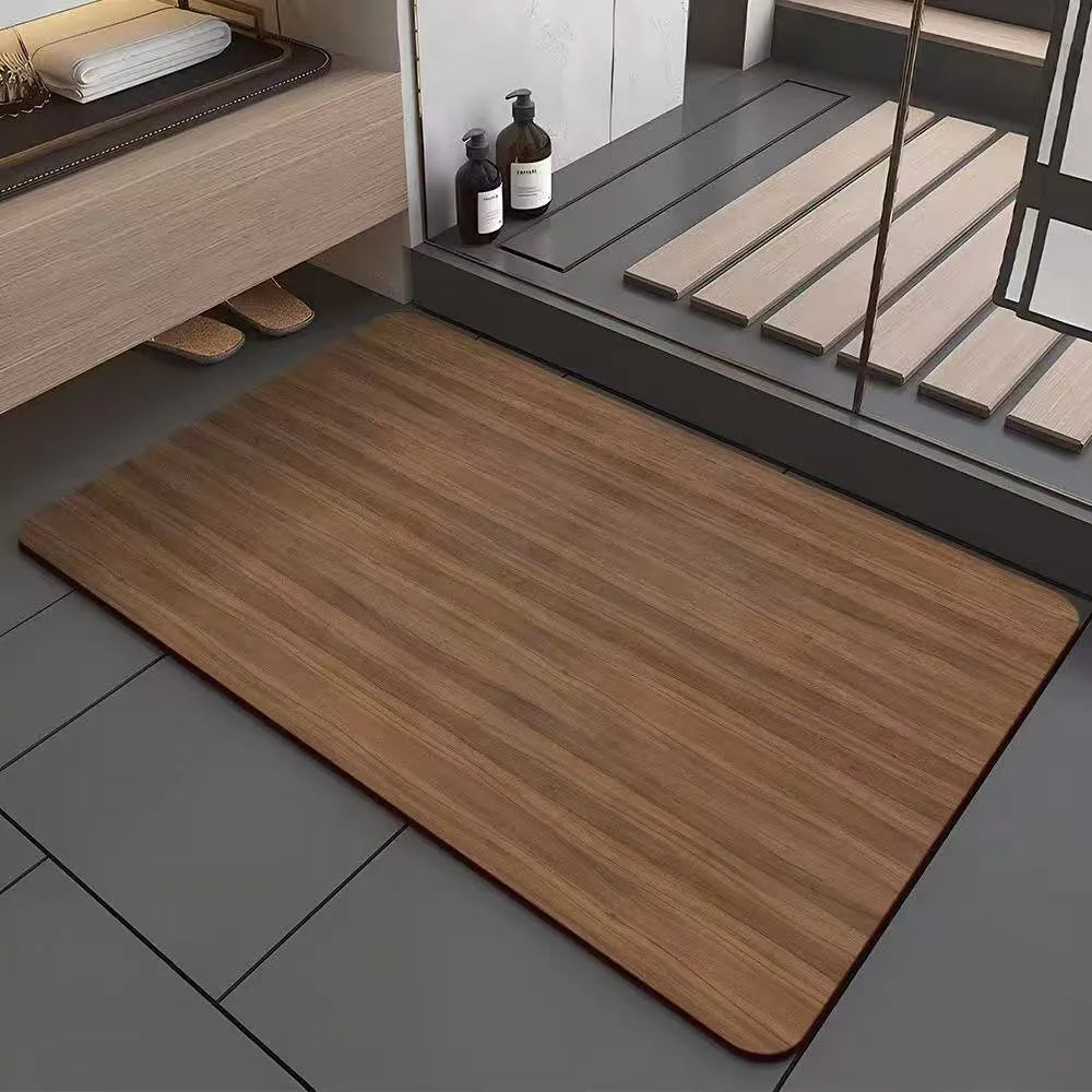 Square American-style diatom ooze floor mat with a geometric wood grain pattern in a bathroom setting.