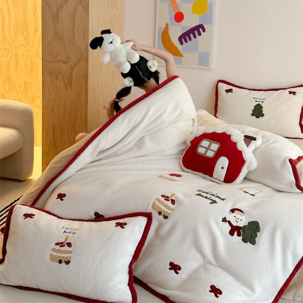 Cartoon pattern bedding four-piece set with winter Christmas design shown on bed