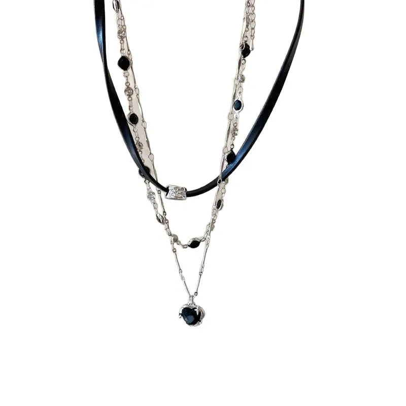 Women's adjustable leather chain necklace set with artificial crystal heart pendants in multi-layer design