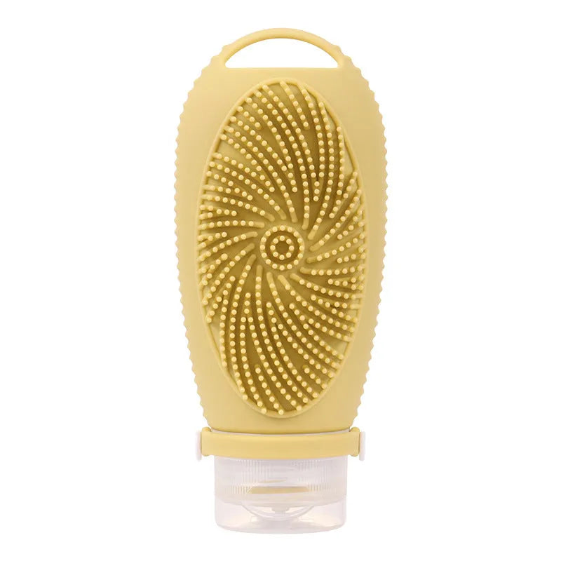 Silicone bath brush storage bottle in a selection of colours including pink, orange, and light grey.