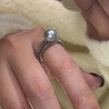 Adjustable black pearl copper ring with geometric open design for women
