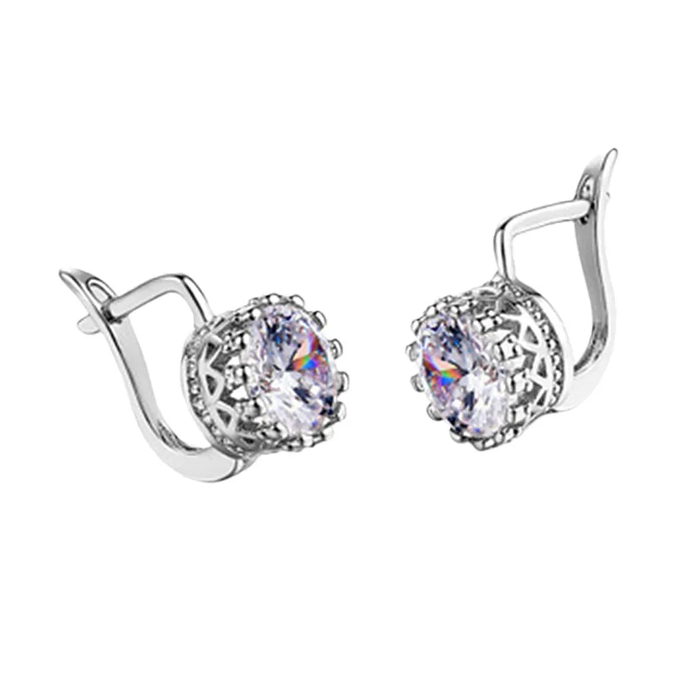 Korean retro style crown-shaped clip earrings with diamond accents in rose gold or white gold finish.