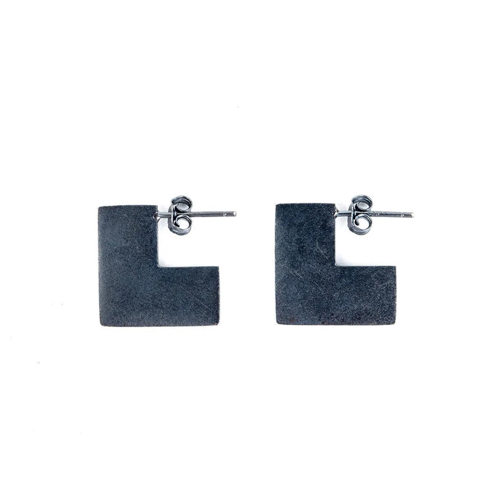 Oxidation black 925 sterling silver square earrings with 16mm geometry minimalist design