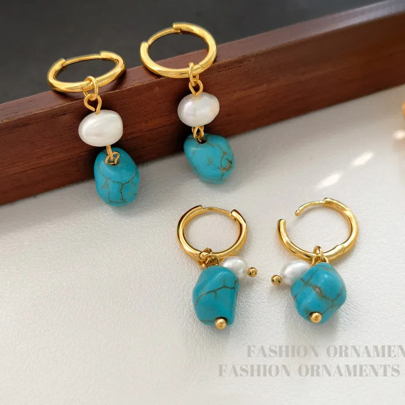 Copper geometric cultured pearl earrings with irregular turquoise stones