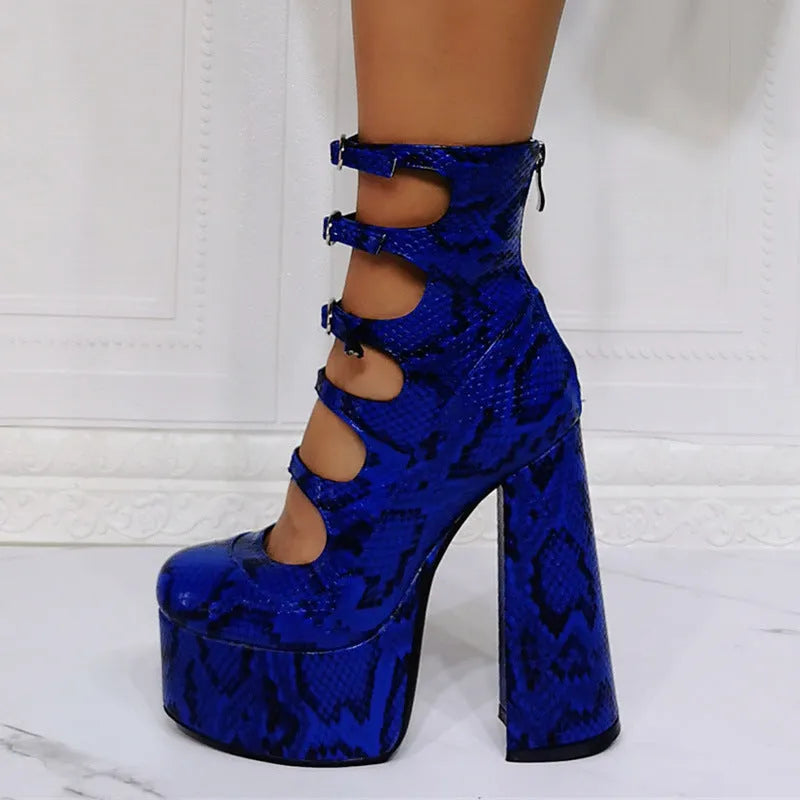 Black patent leather women's platform high heels with a thick 8cm heel and a serpentine ankle buckle strap.