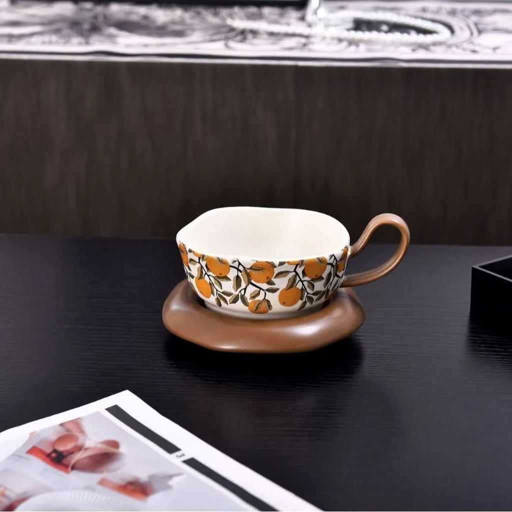 Medieval style ceramic coffee cup and saucer set in black or orange colour with 210ml capacity