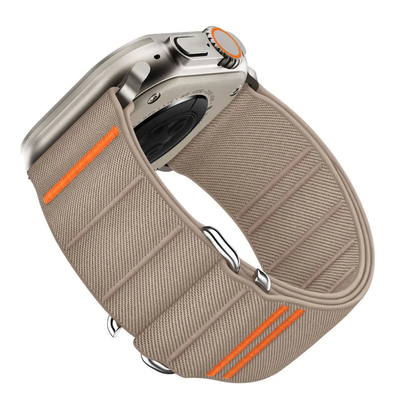 Elastic nylon sports watchband with stainless steel buckle for Apple Watch, shown in multiple colour options.