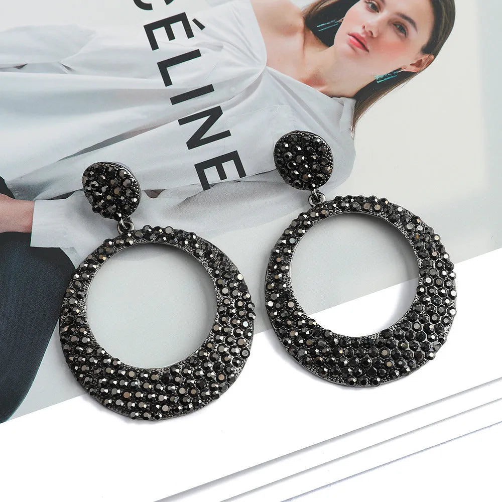 Colourful alloy metal large round pendant earrings with diamond design for women