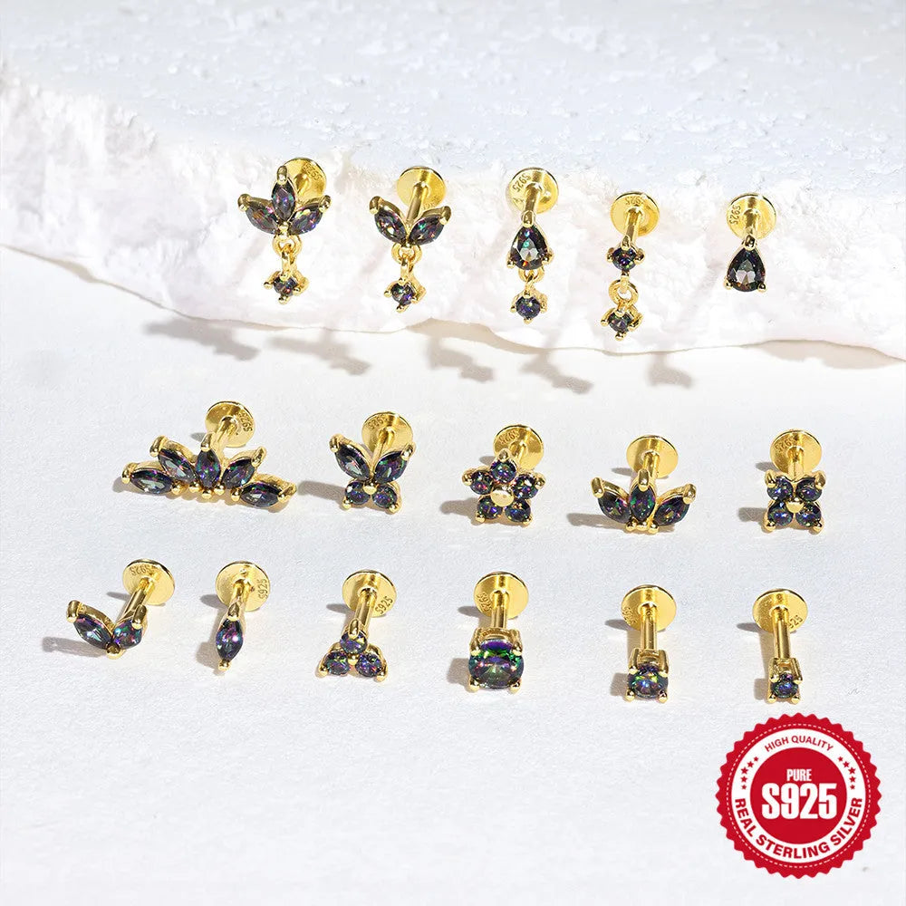 S925 sterling silver threaded ear piercing with super shiny flat head and rainbow stone in a gold colour.