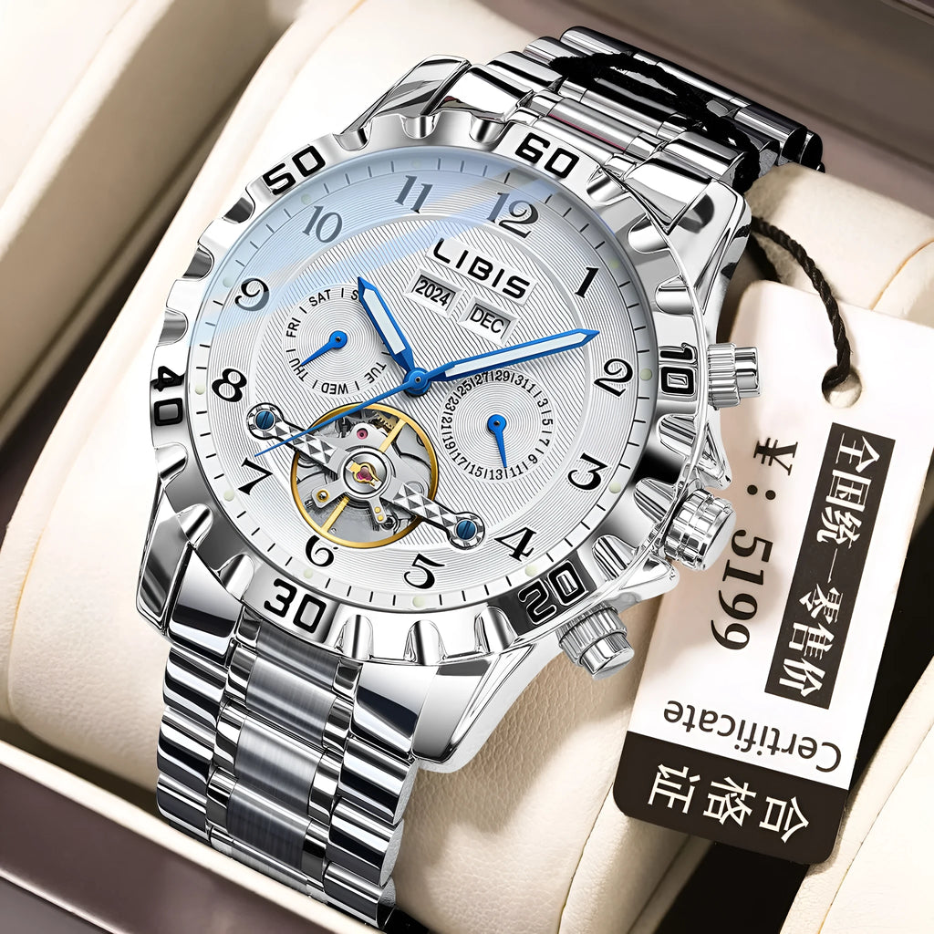 Men's silver automatic perpetual calendar mechanical watch with stainless steel strap.