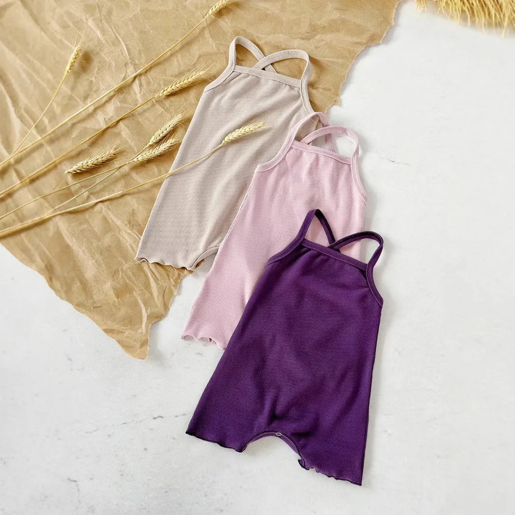 Baby sunken stripe camisole one-piece romper in modal fabric, pullover style, sleeveless, available in purple and cerise