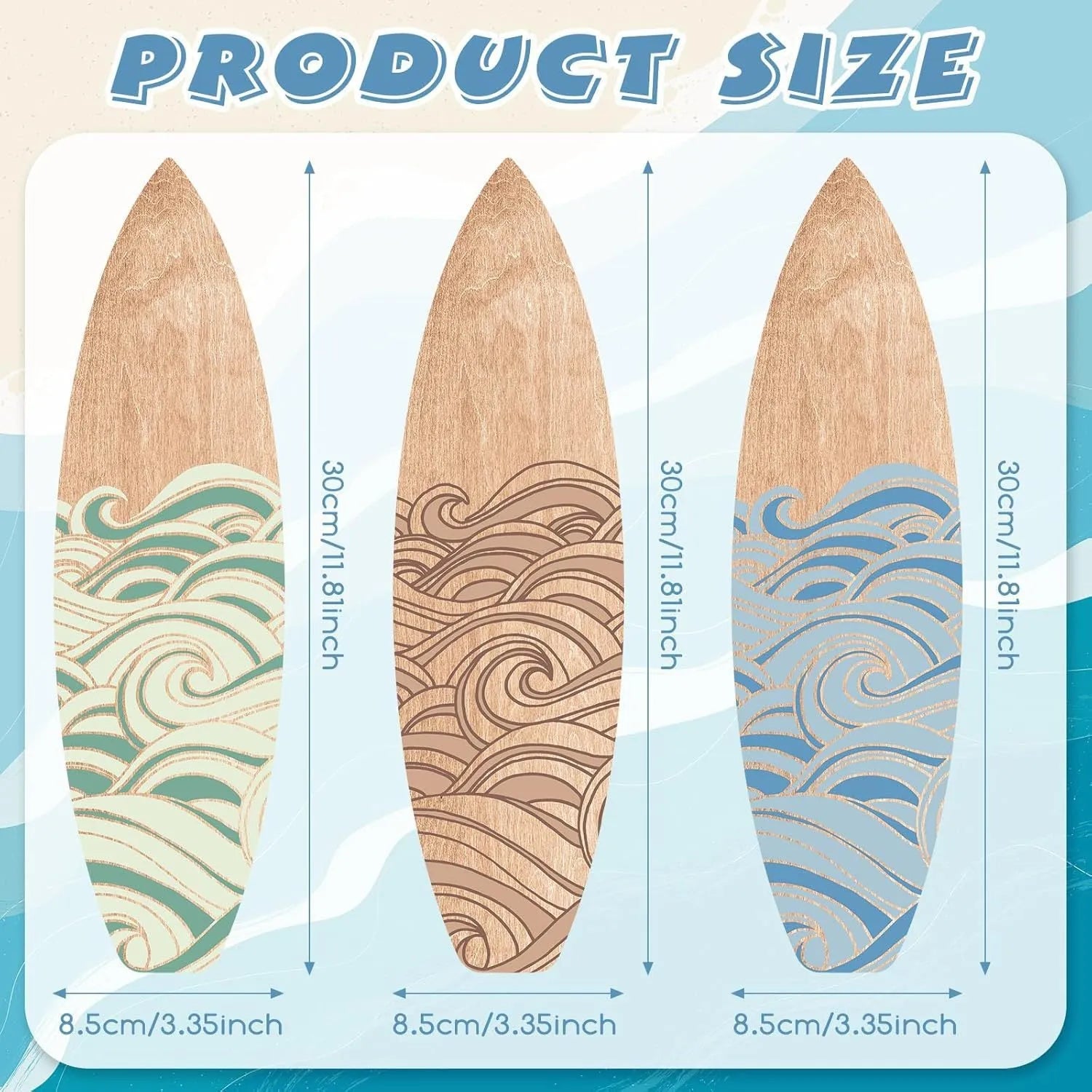 Three identical wooden surfboard-shaped wall decorations made from boxwood, shown against a plain background