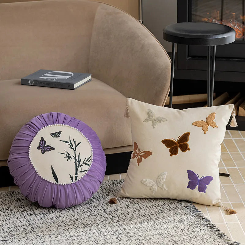 Square butterfly embroidery cushion with Chinese design in beige, black, or purple colours