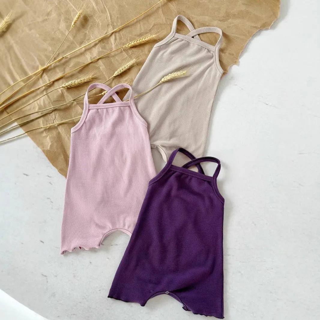 Baby sunken stripe camisole one-piece romper in modal fabric, pullover style, sleeveless, available in purple and cerise