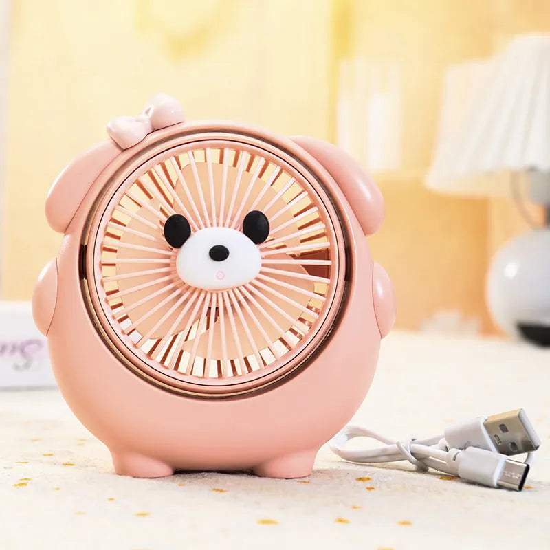 Fashion Cute Dog Desktop Electric Fan in a chosen colour on a desk with USB cable.