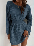 Blue women's knitted dress with fitted waist, French loose neck, and hand-crocheted flower decorations