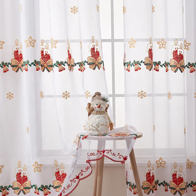 American Christmas curtain with white snowflake embroidery on red fabric, showing semi-sunshade texture.