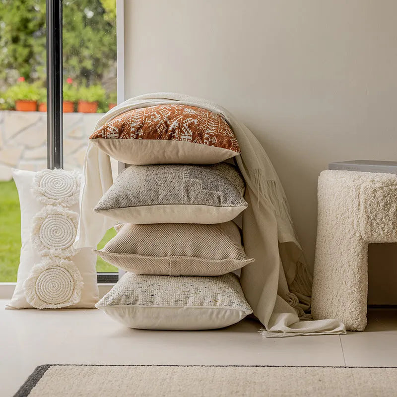 PP cotton decorative pillow cushion on a sofa, shown in a red brown colour, 45x45cm size.