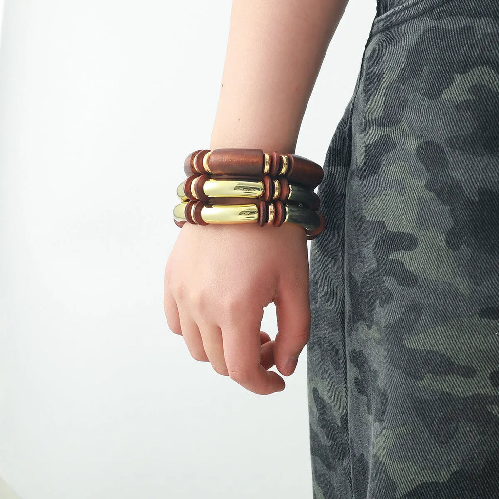 Women's multi-layer wooden necklace and bracelet set with alloy construction and round pendant elements