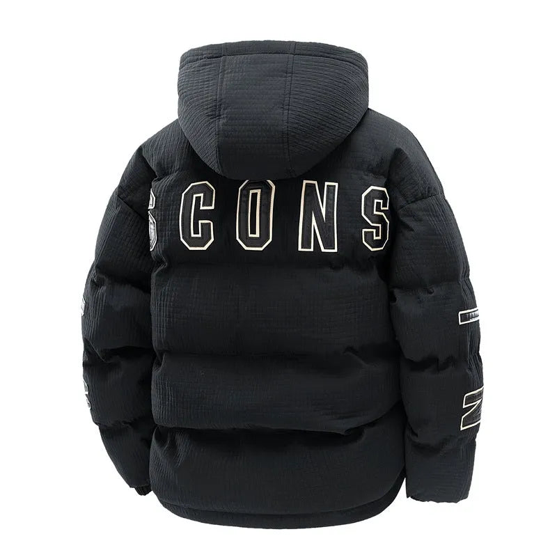 Men's black Korean style hooded coat with letter print and side seam pockets.