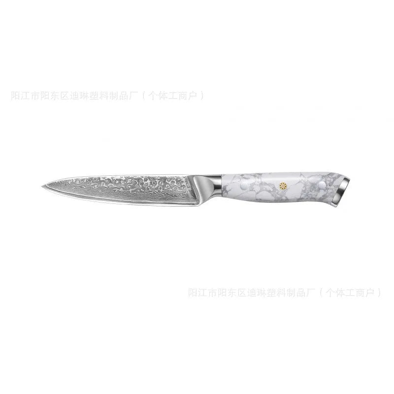 Damascus pattern chef's knife with VG10 steel blade and modern handle on a kitchen counter.