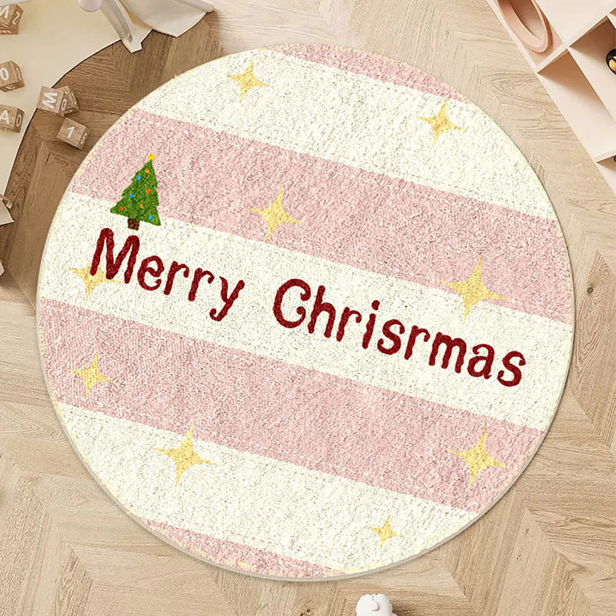 Round Christmas floor mat with festive design on imitation cashmere material in 60cm and 80cm sizes.