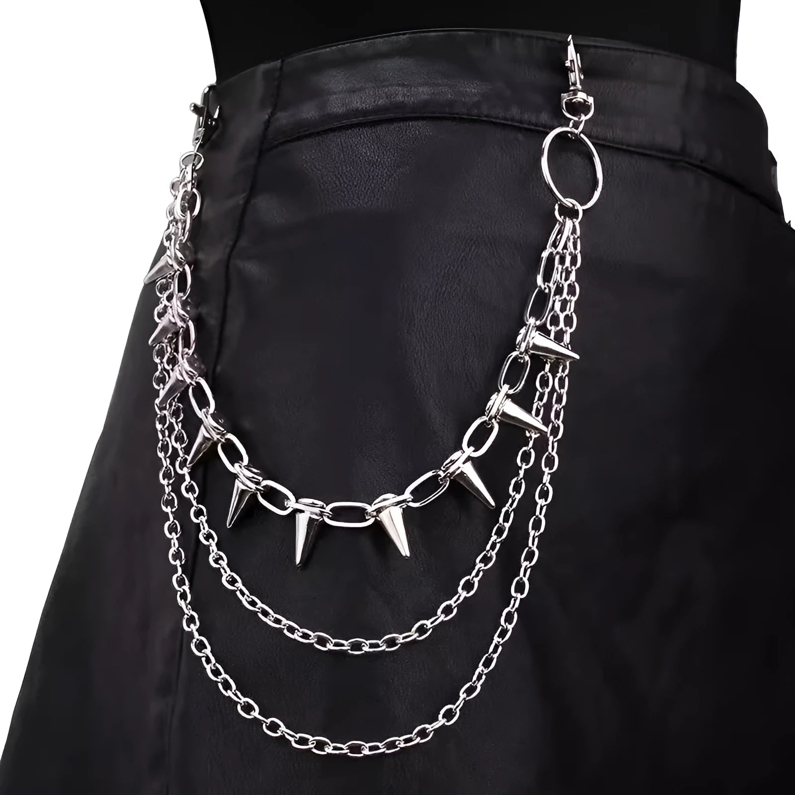 Silver double-layer metal trousers chain with rivet details, 115cm length