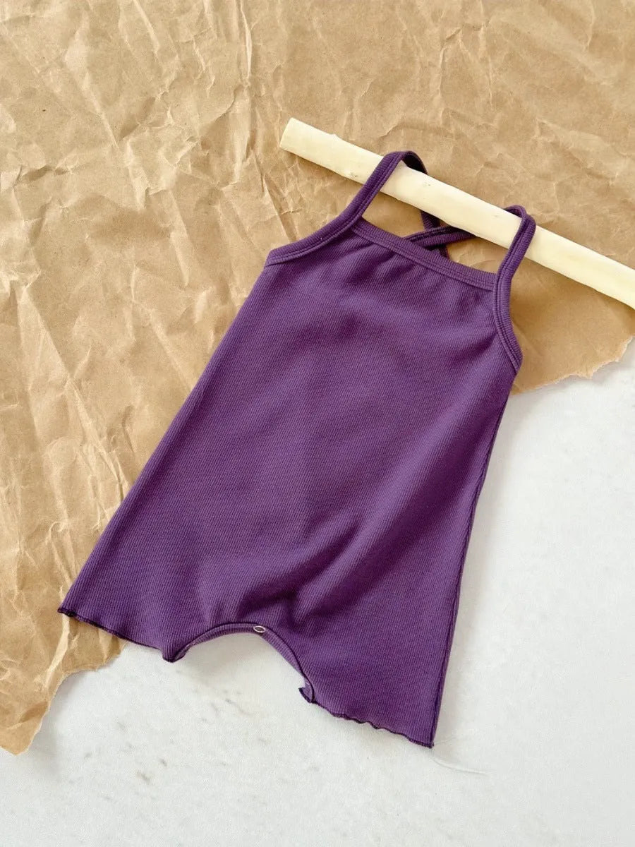 Baby sunken stripe camisole one-piece romper in modal fabric, pullover style, sleeveless, available in purple and cerise