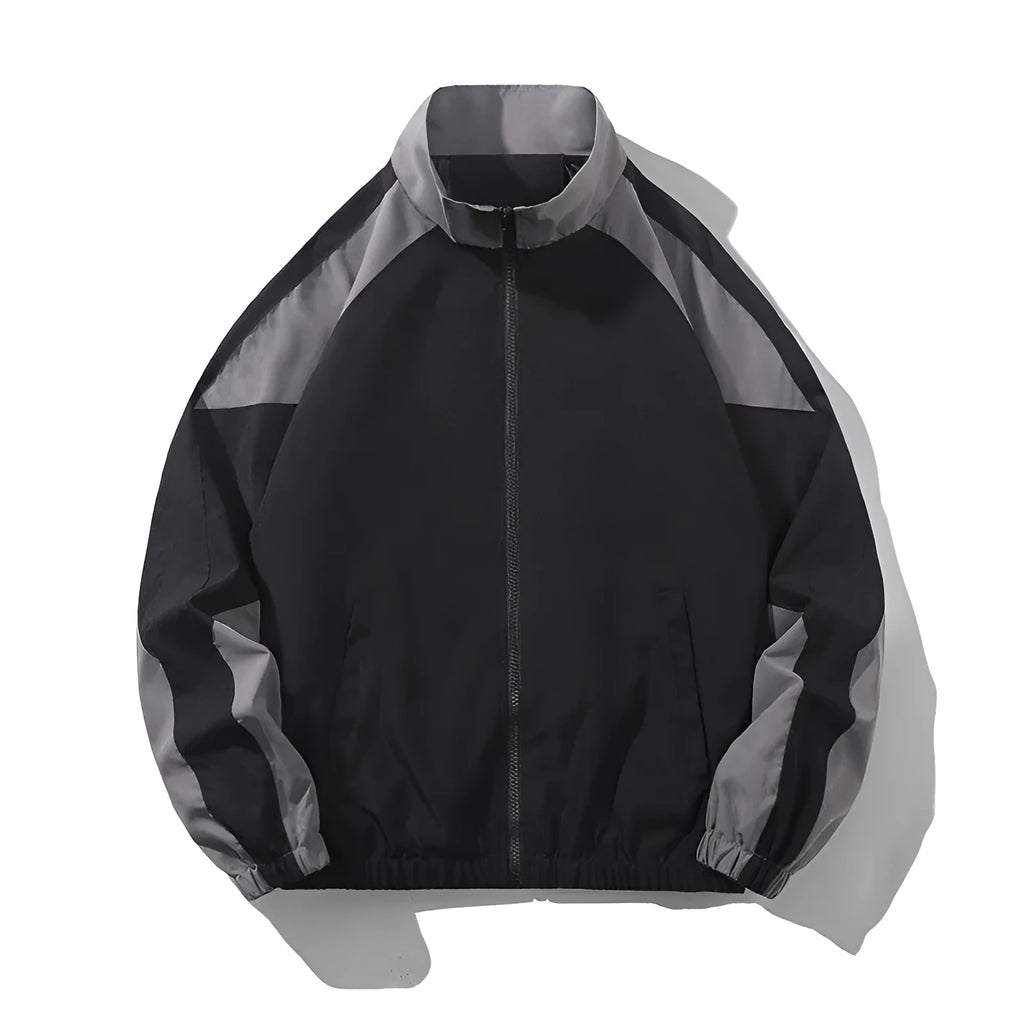 Men's black loose-fit casual jacket with contrast stitching and side pockets for spring and autumn.